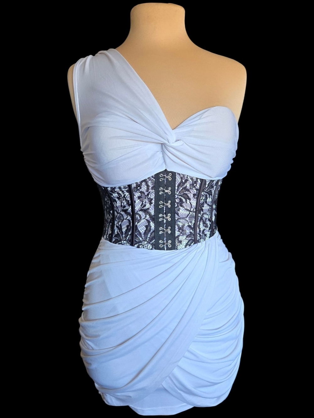 White One-Shoulder Draped Mini Dress with Black Lace Waist Corset Sz M